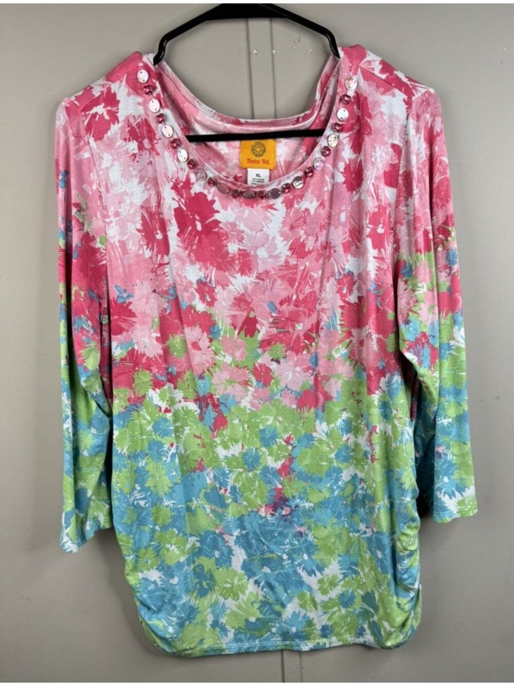 Ruby Red Size L Women Top Embellish Scoop Neckline 3/4 Sleeve Ruched Sides Tunic